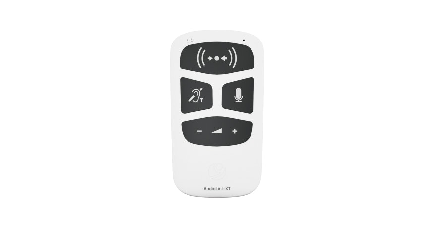 AudioLink XT with buttons for built-in telecoil, streaming from other devices, remote microphone, and volume