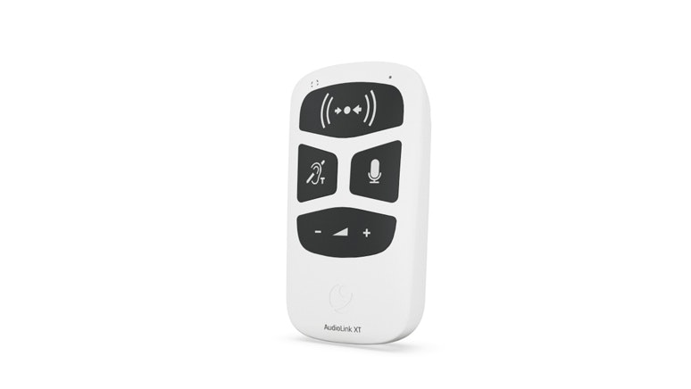 AudioLink XT with buttons for built-in telecoil, streaming from other devices, remote microphone, and volume
