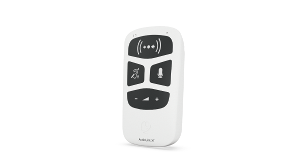 AudioLink XT with buttons for built-in telecoil, streaming from other devices, remote microphone, and volume