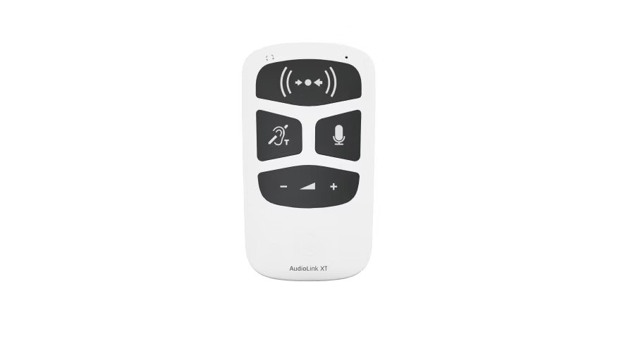AudioLink XT with buttons for built-in telecoil, streaming from other devices, remote microphone, and volume