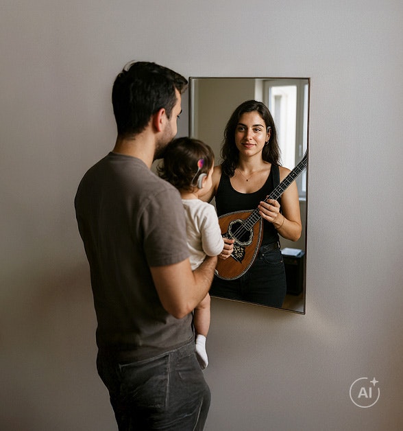 Ένας γονέας και ένα παιδί μικρής ηλικίας κοιτάζουν στον καθρέφτη και φαντάζονται το πιθανό μέλλον του παιδιού