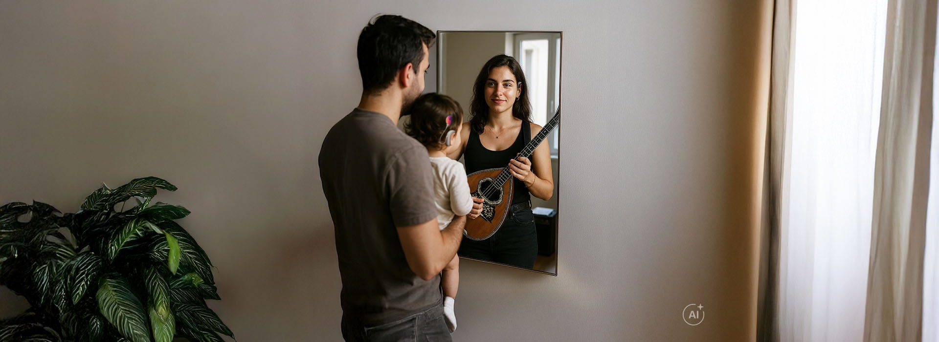 Ένας γονέας και ένα παιδί μικρής ηλικίας κοιτάζουν στον καθρέφτη και φαντάζονται το πιθανό μέλλον του παιδιού