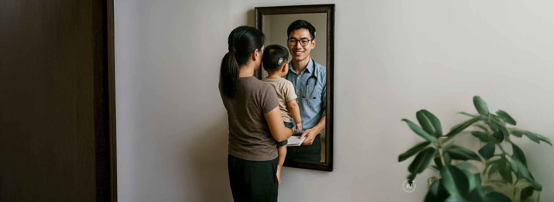 พ่อแม่และลูกน้อยมองเข้าไปในกระจกและจินตนาการถึงอนาคตที่เป็นไปได้ของเด็ก