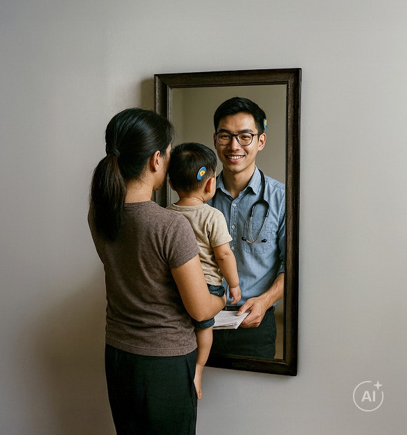 พ่อแม่และลูกน้อยมองเข้าไปในกระจกและจินตนาการถึงอนาคตที่เป็นไปได้ของเด็ก