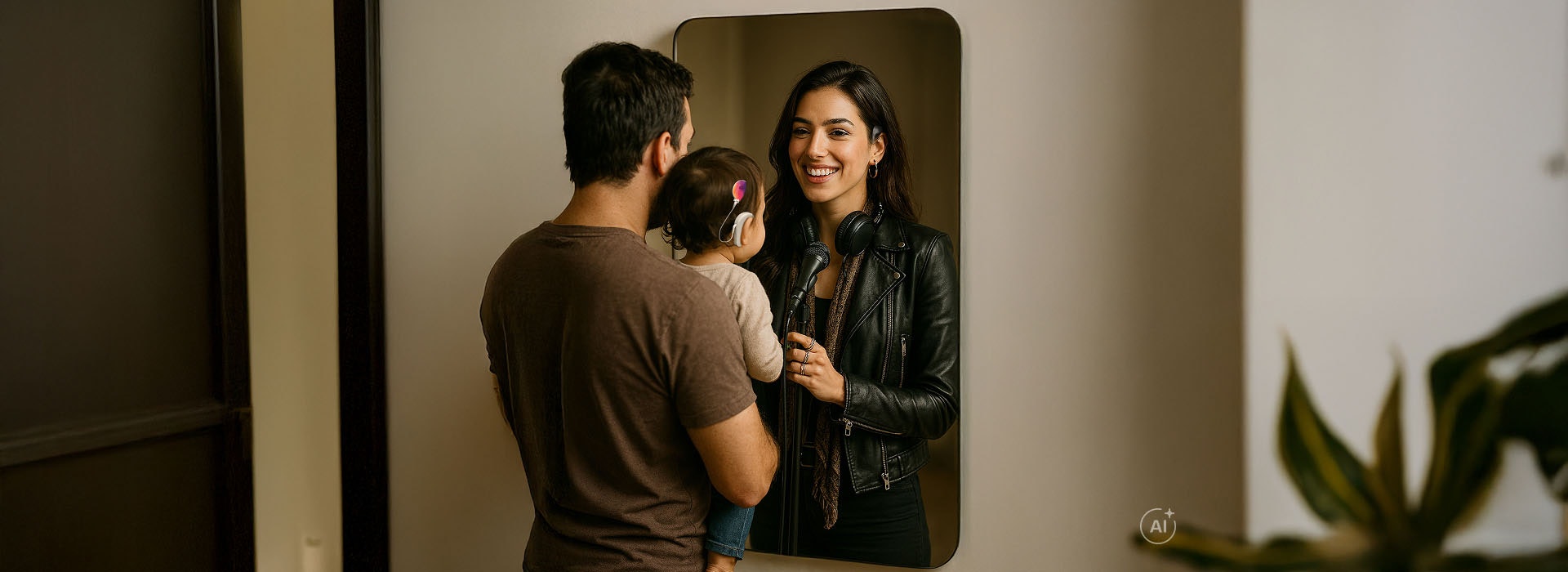 A parent and young child look into a mirror and imagine the child's possible future