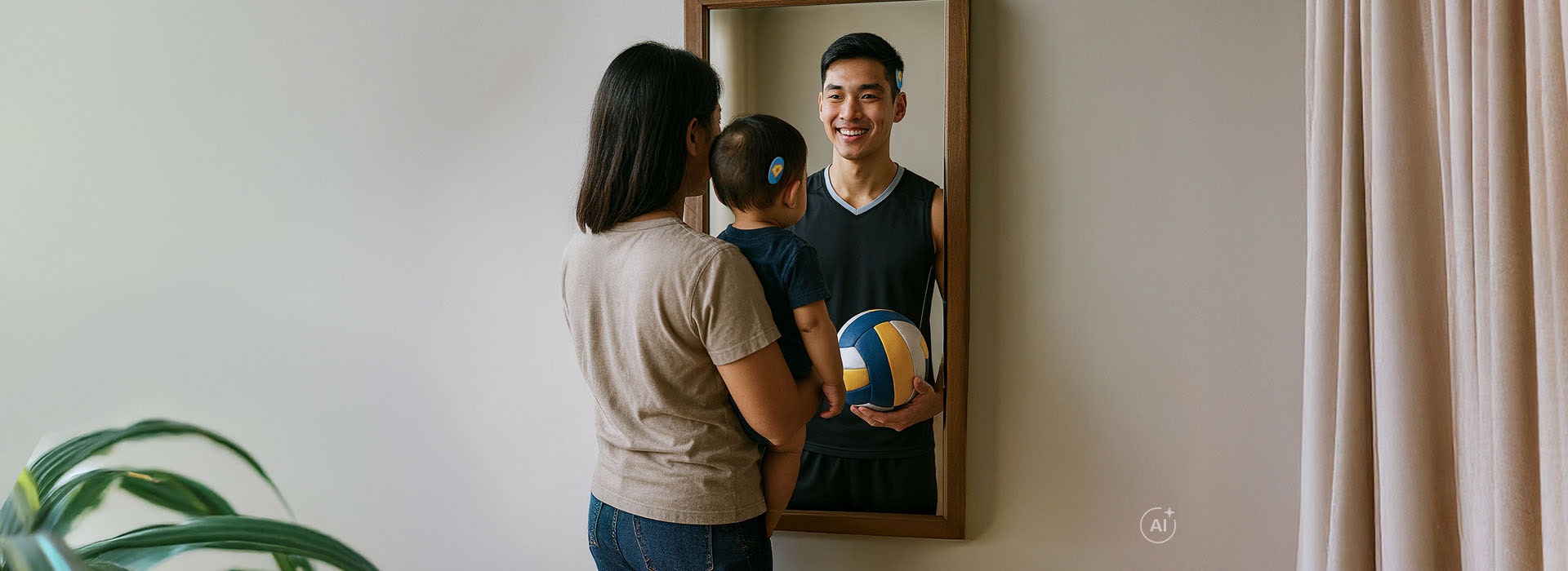 A parent and young child look into a mirror and imagine the child's possible future