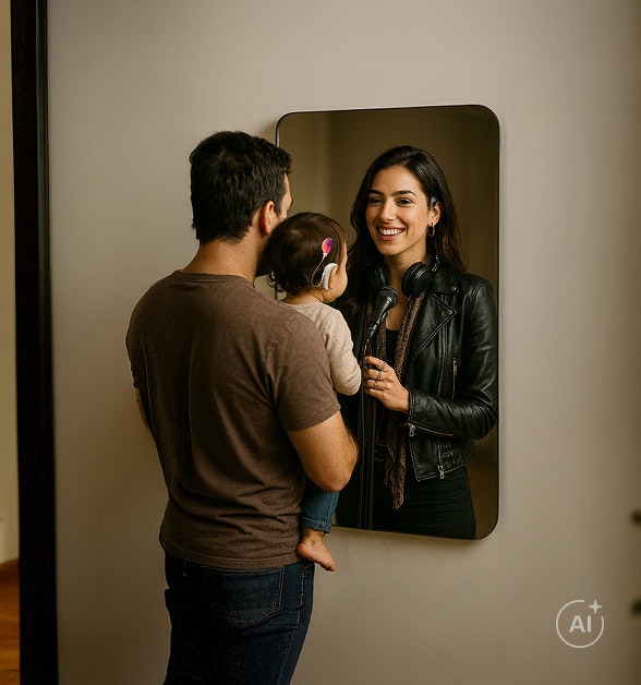 A parent and young child look into a mirror and imagine the child's possible future