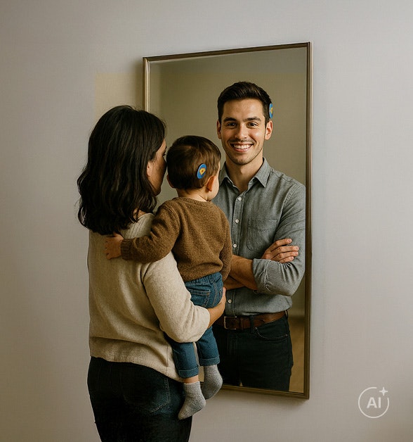 Una madre y su bebé se miran al espejo e imaginan el posible futuro de la niña