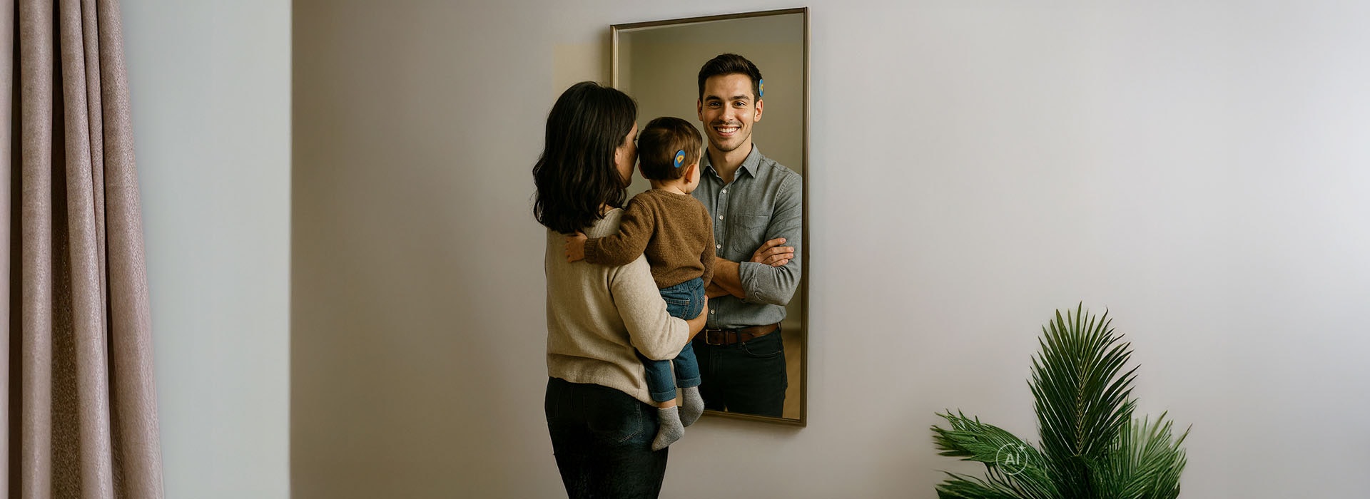 Uma mãe e sua filha pequena olham para um espelho e imaginam o futuro possível da criança