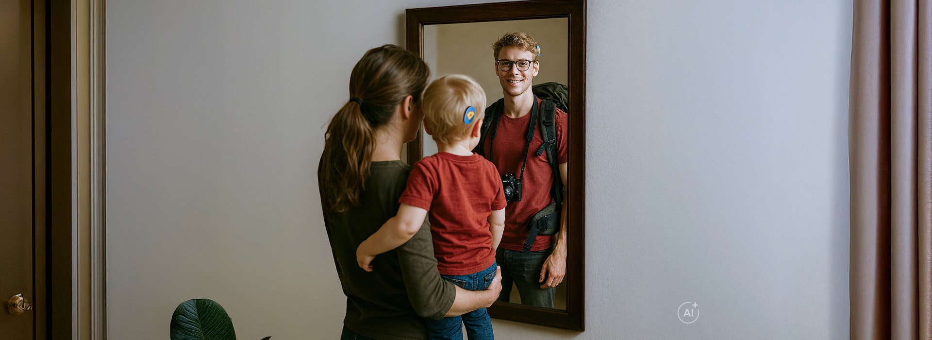 Een ouder en jong kind kijken in de spiegel en stellen zich de mogelijke toekomst van het kind voor