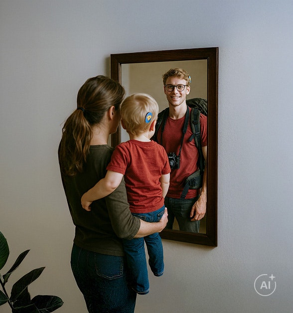 Een ouder en jong kind kijken in de spiegel en stellen zich de mogelijke toekomst van het kind voor