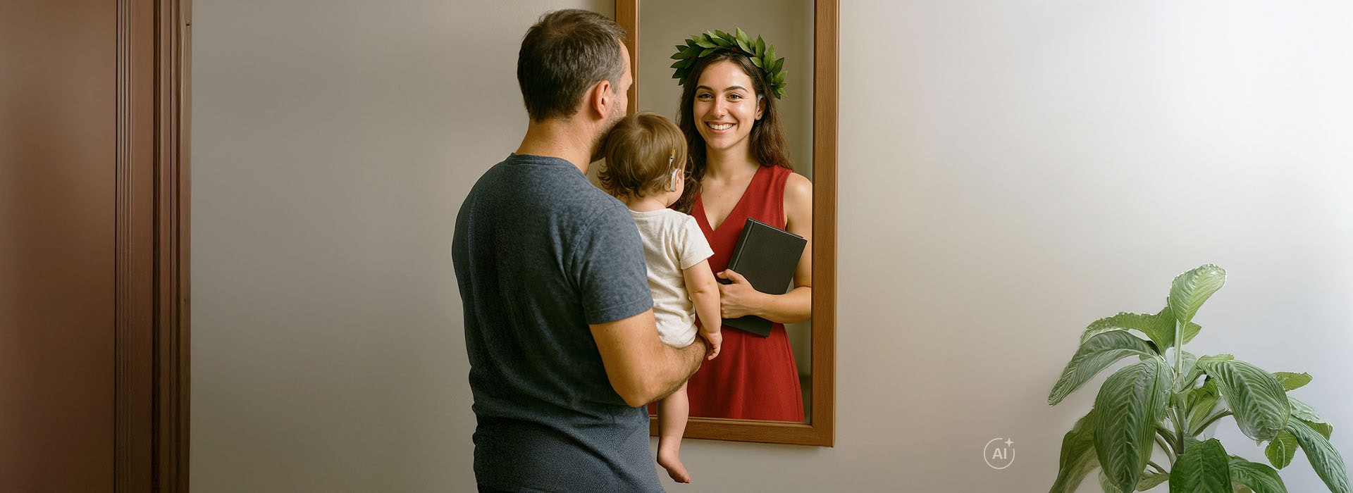 Una madre e una bimba si guardano allo specchio e immaginano il possibile futuro della bambina