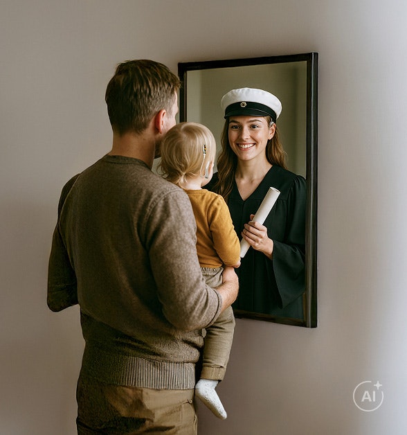 En förälder med ett litet barn tittar i en spegel och föreställer sig barnets framtid.