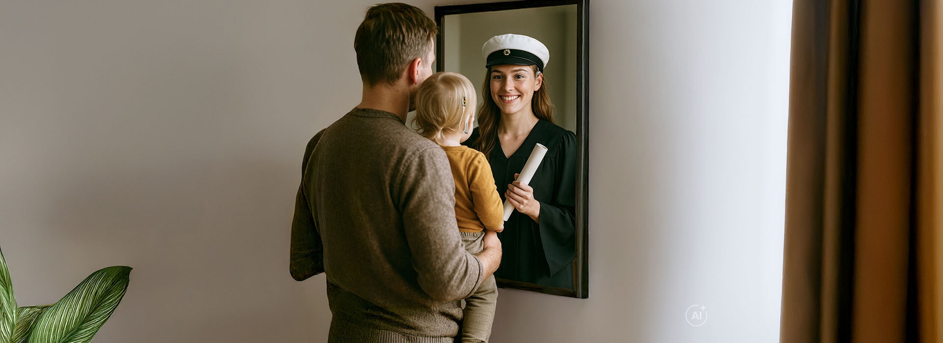 En förälder med ett litet barn tittar i en spegel och föreställer sig barnets framtid.