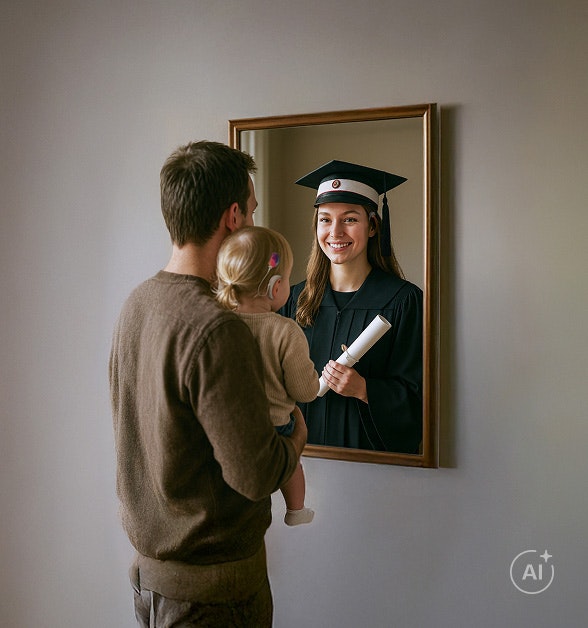 En forælder og et lille barn kigger i et spejl og forestiller sig barnets mulige fremtid
