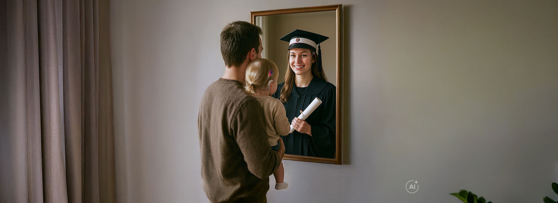 En forælder og et lille barn kigger i et spejl og forestiller sig barnets mulige fremtid