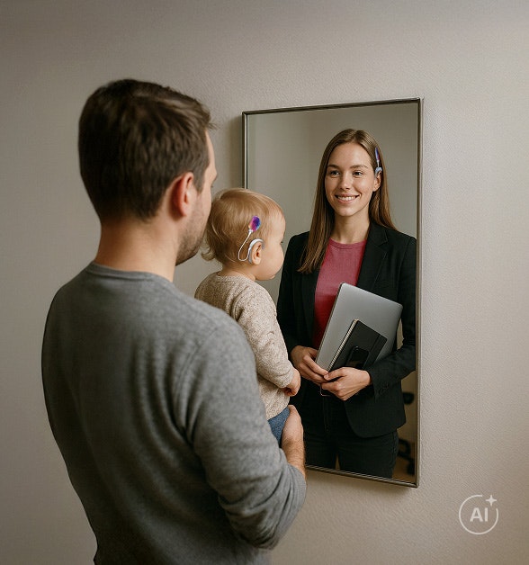 Rodzic z małym dzieckiem patrzą w lustro i wyobrażają sobie możliwą przyszłość dziecka
