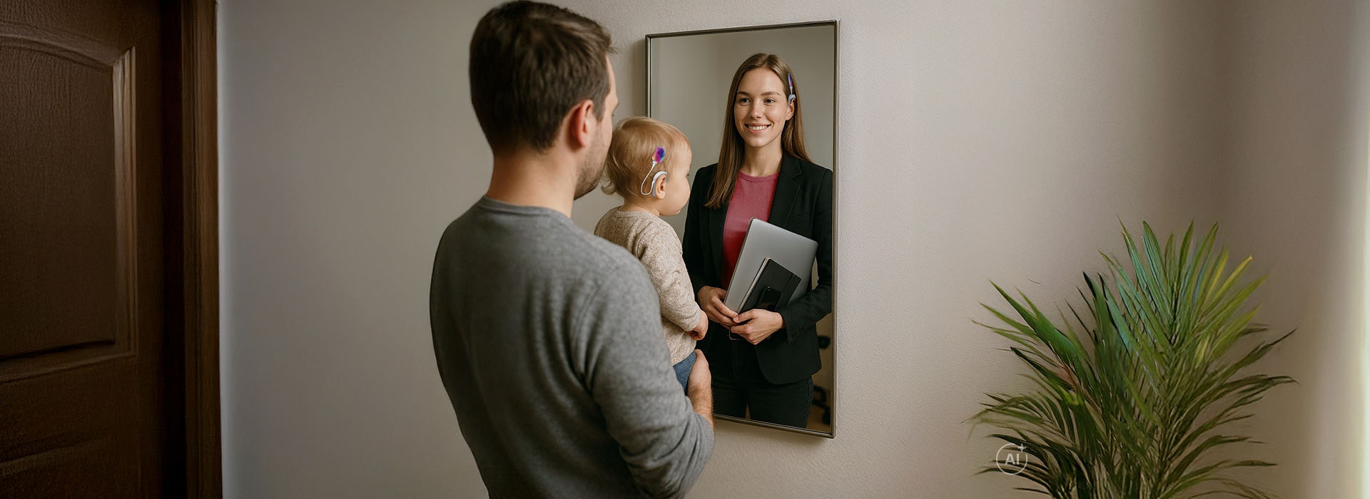Rodzic z małym dzieckiem patrzą w lustro i wyobrażają sobie możliwą przyszłość dziecka