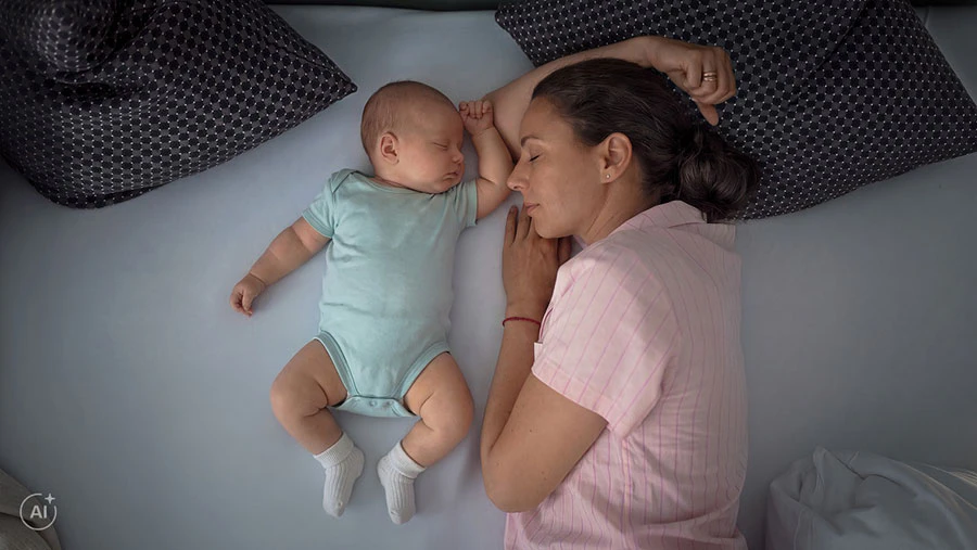 A mother sleeps next to her baby in the bed
