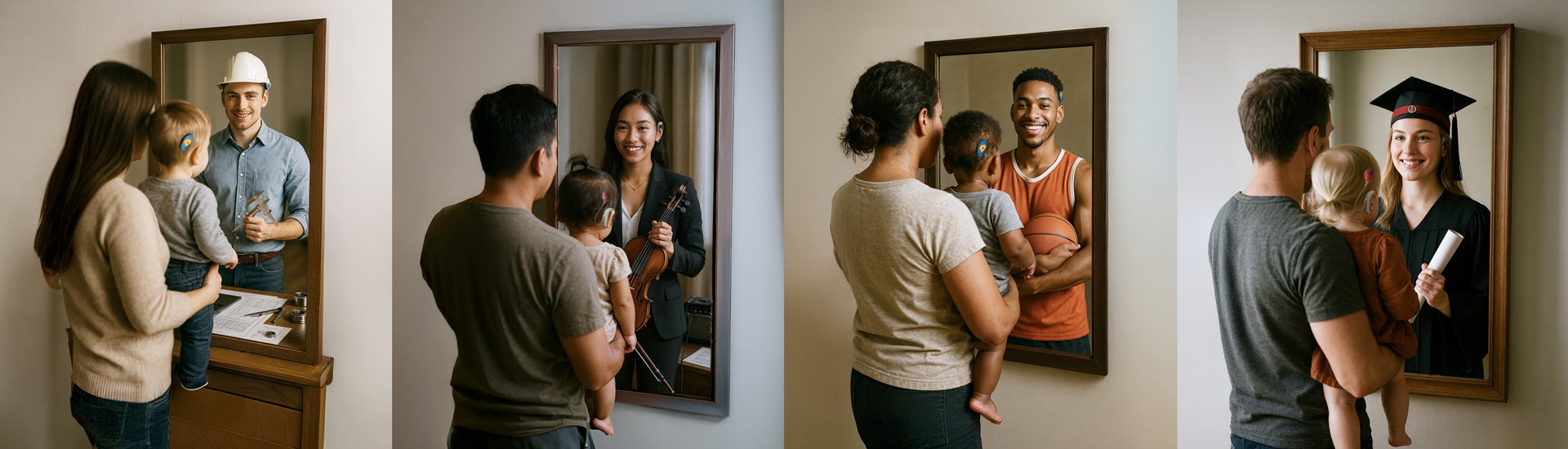 Four side by side depictions of a parent holding a baby with a cochlear implant looking in the mirror to see their future self. From left to right - contractor, violinist, basketball player, graduate
